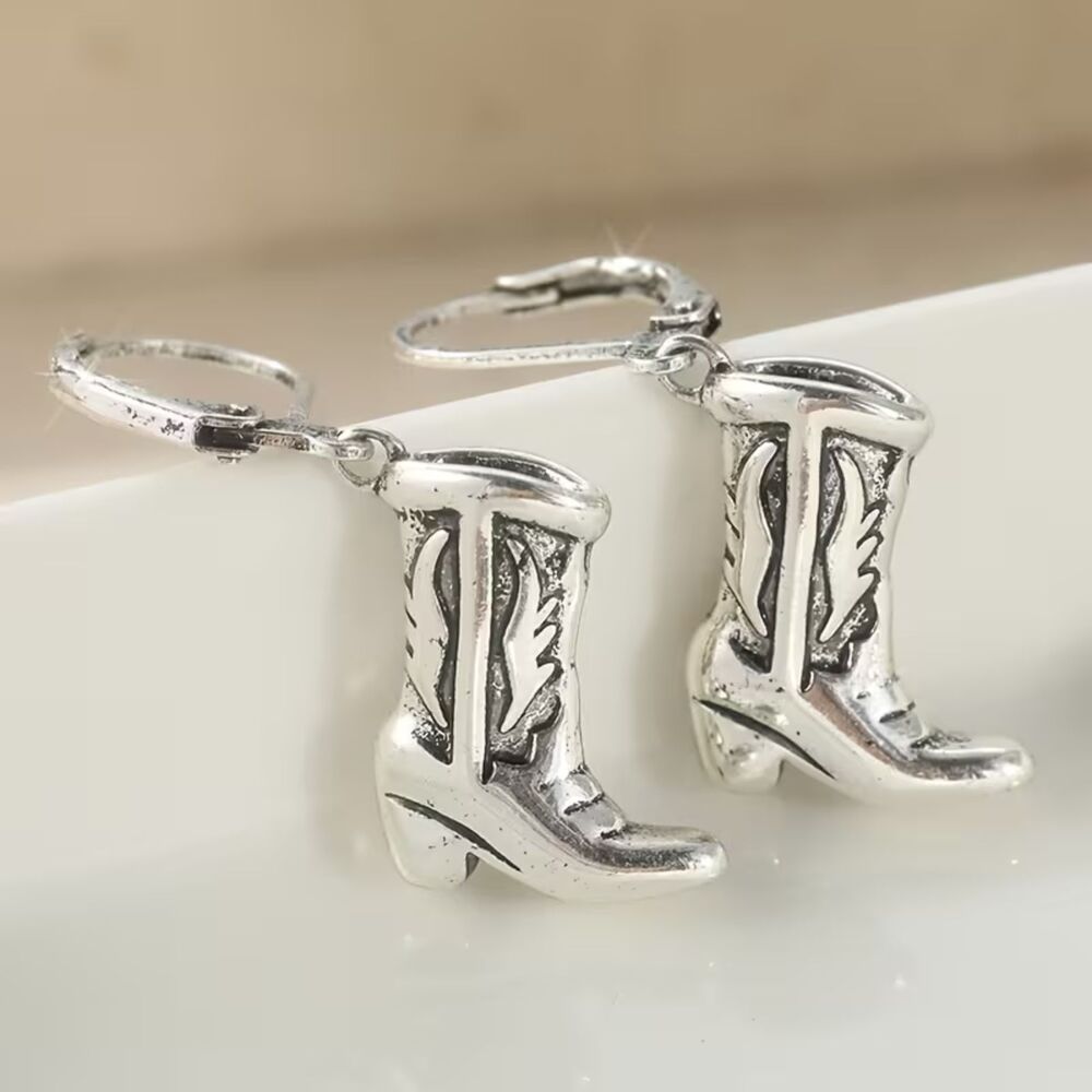 Handcrfted Silver Cowboy Boots Dangle Earrings Western Pendant Drop Charm Rustic - Picture 4 of 5